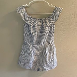 Romeo & Juliet Couture Off the Shoulder Blue and White Striped Romper